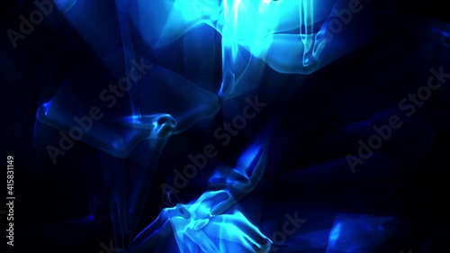 Blue geometric polygons of ice and minerals melt and turn into liquid glass. Animation of natural resources in blue and white with an admixture of glowing light lines on black