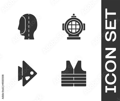 Set Life jacket, Diving hood, Fish and Aqualung icon. Vector.