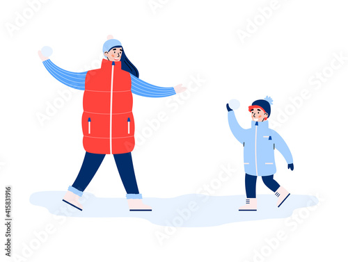 Happy family mother and son or sister and brother have fun during christmas holidays or weekend on winter time. Girl and boy playing snowball fight. Vector isolated illustration.