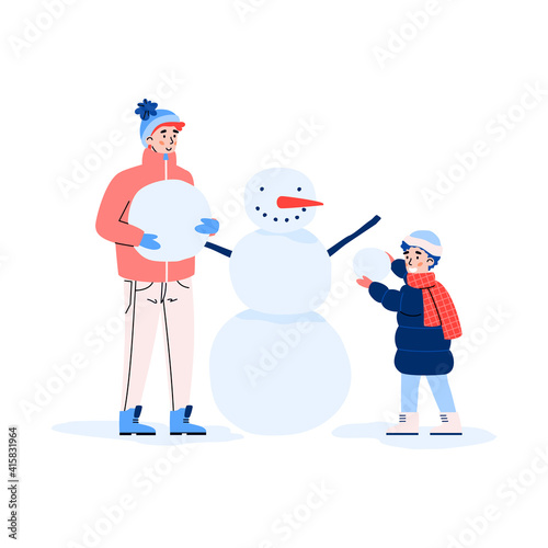 Happy family together makes a snowman. Father and son or brothers have fun activity at leisure in winter season and christmas holiday. Flat vector illustration isolated on a white.