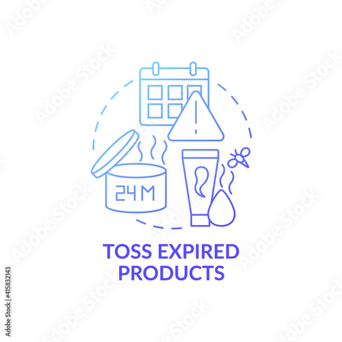 Toss expired products blue gradient concept icon. Cleaning bathroom from unnecessary and expiration date idea thin line illustration. Housekeeping. Vector isolated outline RGB color drawing