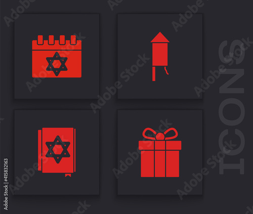 Set Gift box, Jewish calendar, Firework rocket and torah book icon. Vector.