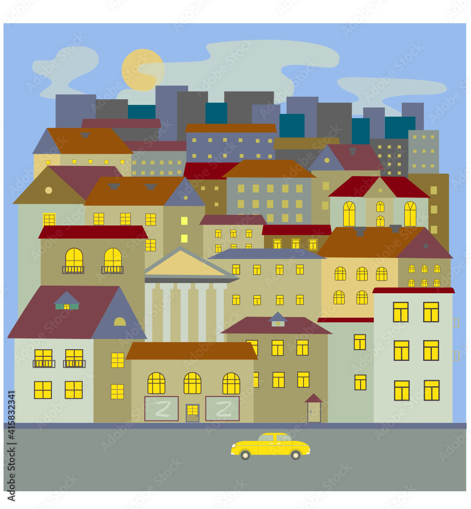 Houses on the street of an old European city and a retro car. Vector illustration.