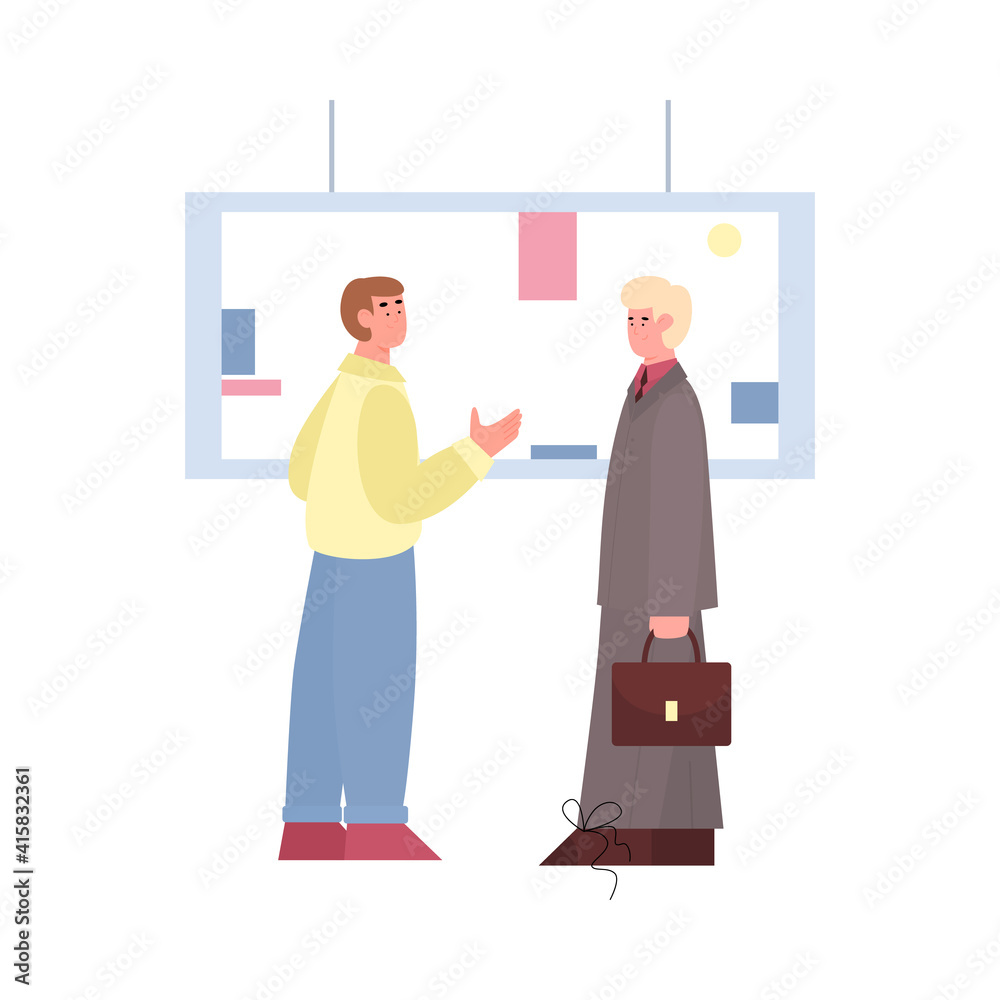 Fototapeta premium Museum visitors on exhibition in art culture gallery, two men looking picture and discuss about painting. Flat vector illustration isolated on white background.