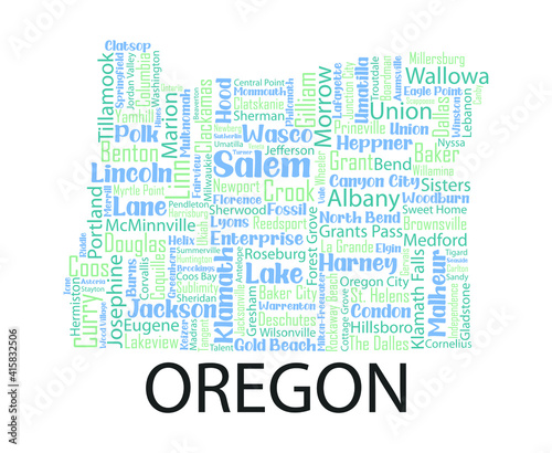 Word cloud map design includes all Counties, Cities, Municipalities in the state of Oregon. It's an customizable vector file.