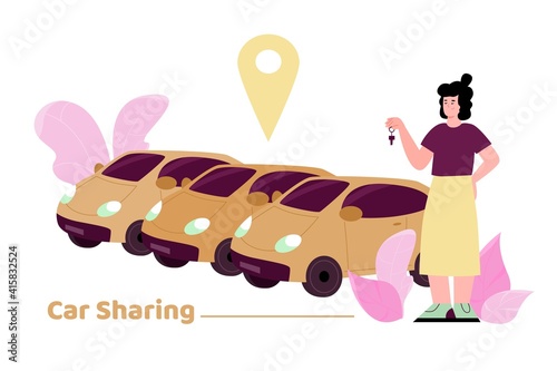Carsharing service, city vehicle network for order rent of transport. Young woman stand with automobile keys near parking. Flat cartoon vector illustration isolated on a white.