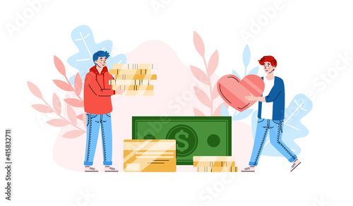 Volunteers male characters donating money, cartoon vector illustration isolated on white background. Tiny people among coins collecting money for the needy and charity.