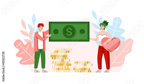 Volunteers man and woman donating money, cartoon vector illustration isolated on white background. Tiny people among coins and bank bills collecting money for charity.
