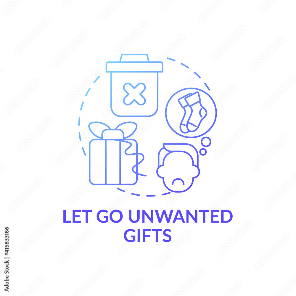 Let go unwanted presents blue gradient concept icon. Cleaning and minimize trash in house idea thin line illustration. Joy of belonging things. Vector isolated outline RGB color drawing Let go unwanted presents blue gradient concept icon. Cleaning and minimize trash in house idea thin line illustration. Joy of belonging things. Vector isolated outline RGB color drawing