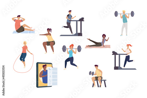 bundle of ten persons practicing fitness sports characters