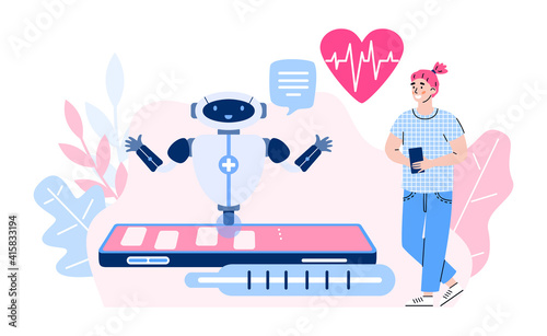 Chatbot service of online medical application with man character interacting with bot on mobile phone, cartoon vector illustration isolated on white background.