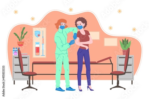 Vaccination concept for immunity health. Vaccine anti Covid-19. Doctors makes an injection of flu vaccine to pacient in hospital and inviting next. Healthcare, coronavirus, prevention and immunize.