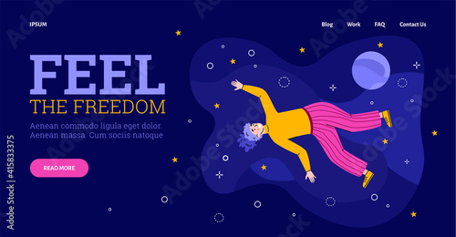 Inspired freedom girl floating in space with stars and planets. Happy female character with inspiration flying in imagination and dreams. Vector illustration. Landing page template