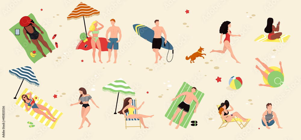 Sea swimming. Men and women swimming, diving, surfing, lying on floating air mattress and sunbathing, playing with ball. Sea swimming. Men and women swimming, diving, surfing, lying on floating air mattress and sunbathing, playing with ball.