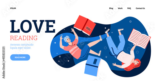 Inspired people floating with opened books. Happy characters flying and moving in imagination and dreams inspiration of love to reading literary. Vector colorful banner for web.