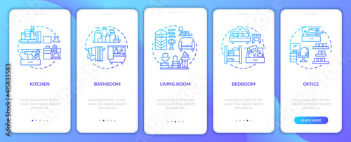 Decluttering areas navy onboarding mobile app page screen with concepts. home to decluttering walkthrough 5 steps graphic instructions. UI vector template with RGB color illustrations