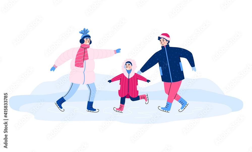 Family with child skating on the ice rink, cartoon vector illustration isolated on white background. Family winter activities and seasonal outdoor sports. Family with child skating on the ice rink, cartoon vector illustration isolated on white background. Family winter activities and seasonal outdoor sports.