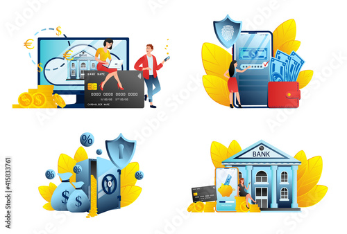 Digital bank service fintech concept in flat. Online banking application illustrations with mobile payments, digital long-term deposit and bank payment