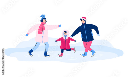 Family with child skating on the ice rink, cartoon vector illustration isolated on white background. Family winter activities and seasonal outdoor sports.