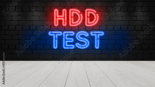 wooden podium table for displaying. Neon sign on brick wall, hdd test 3d render