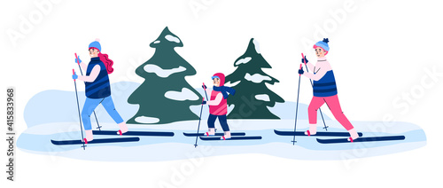 Family skiing together in the forest on winter vacation. Family joint winter sports outdoors activity, cartoon vector illustration isolated on white background.