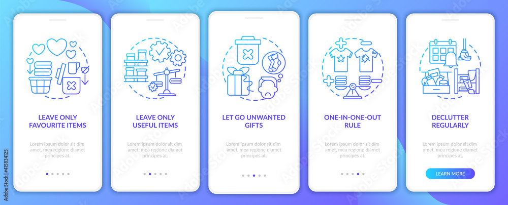 Decluttering tips oonboarding mobile app page screen with concepts. Leave only useful thing decluttering walkthrough 5 steps graphic instructions. UI vector template with RGB color illustrations