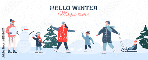 Happy family outdoor leisure, fun activities in cold snowy winter season - sledding, snowball fight and makes a snowman. Vector colorful illustration, banner with lettering.