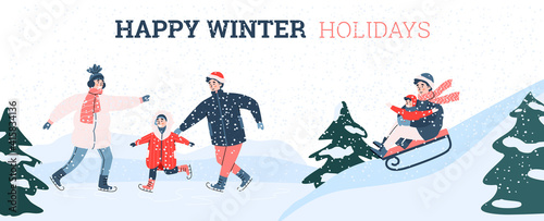 Happy winter holidays poster design with family people having fun outdoor  cartoon vector illustration. Snow activity and sport games for family with children.