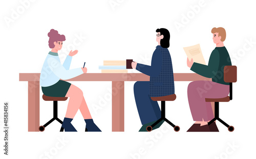 Team people at office table on business negotiation. Persons solve problems and exchanging ideas on work partnership meeting. Flat vector illustration isolated on white background.