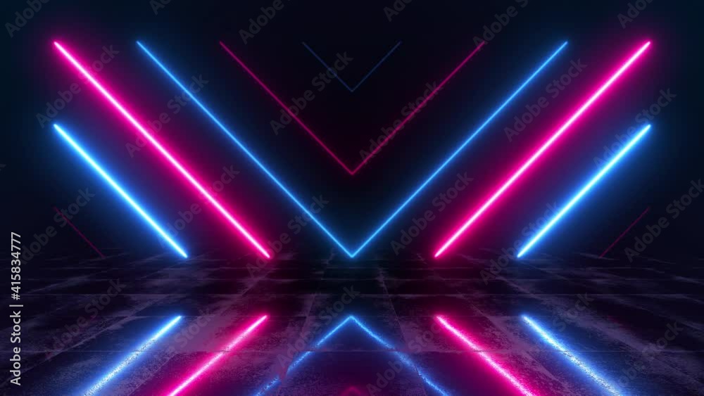 Abstract stage 3d render with blue and pink neon lights and bright ...