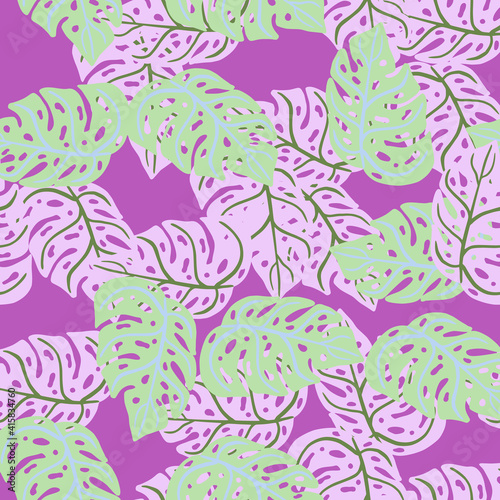 Abstract bright seamless pasttern with contoured monstera foliage shapes. Purple background. Doodle design. © Lidok_L