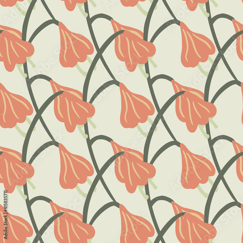 Pastel tones seamless pattern with pink colored hand drawn bell flower shapes. Light grey background.