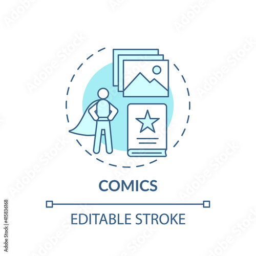 Comics concept icon. Online library catalogue idea thin line illustration. Entertaining literature is always at hand. New technologies. Vector isolated outline RGB color drawing. Editable stroke