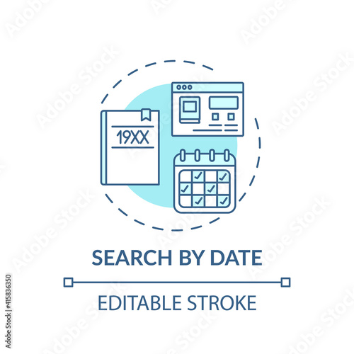 Search by date concept icon. Online library search options idea thin line illustration. Friendly searching interface. New technologies. Vector isolated outline RGB color drawing. Editable stroke
