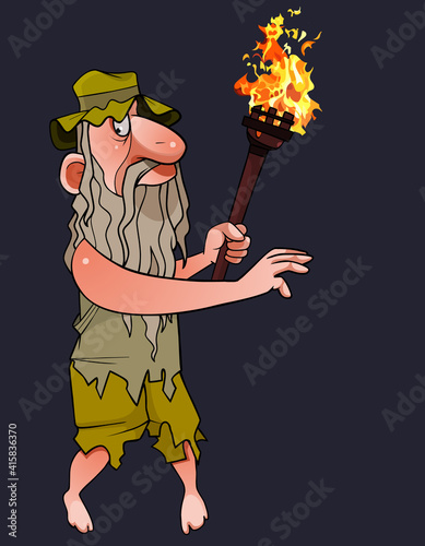 cartoon bearded grandfather in torn clothes and a panama hat with a torch in his hand