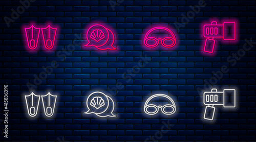 Set line Scallop sea shell, Glasses and cap, Rubber flippers and Flashlight. Glowing neon icon on brick wall. Vector.