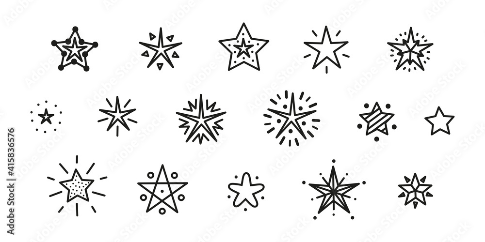 Vector Set of Cute Stars. Different Star Icons. Black and White Illustration
Vector Set of Cute Stars. Different Star Icons. Black and White Illustration