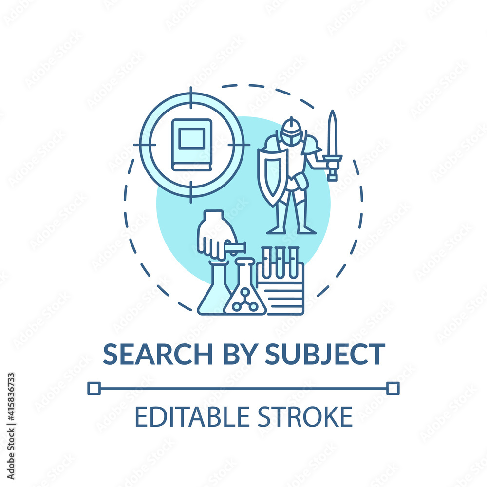 Search by subject concept icon. Online library search options idea thin line illustration. Information access. New technologies. Vector isolated outline RGB color drawing. Editable stroke Search by subject concept icon. Online library search options idea thin line illustration. Information access. New technologies. Vector isolated outline RGB color drawing. Editable stroke
