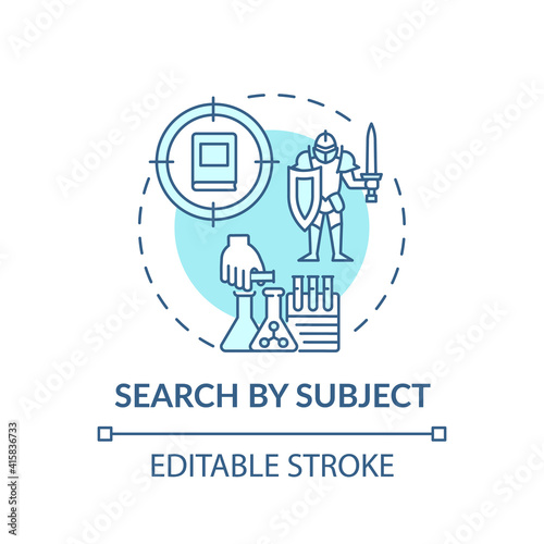 Search by subject concept icon. Online library search options idea thin line illustration. Information access. New technologies. Vector isolated outline RGB color drawing. Editable stroke