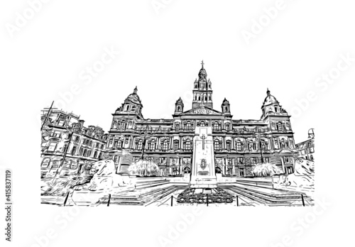 Building view with landmark of Glasgow is the
city in Scotland. Hand drawn sketch illustration in vector.