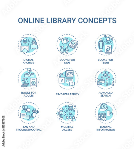 Online library oncept icons set. Getting access to information idea thin line RGB color illustrations. New technologies. Types of digital libraries. Vector isolated outline drawings. Editable stroke