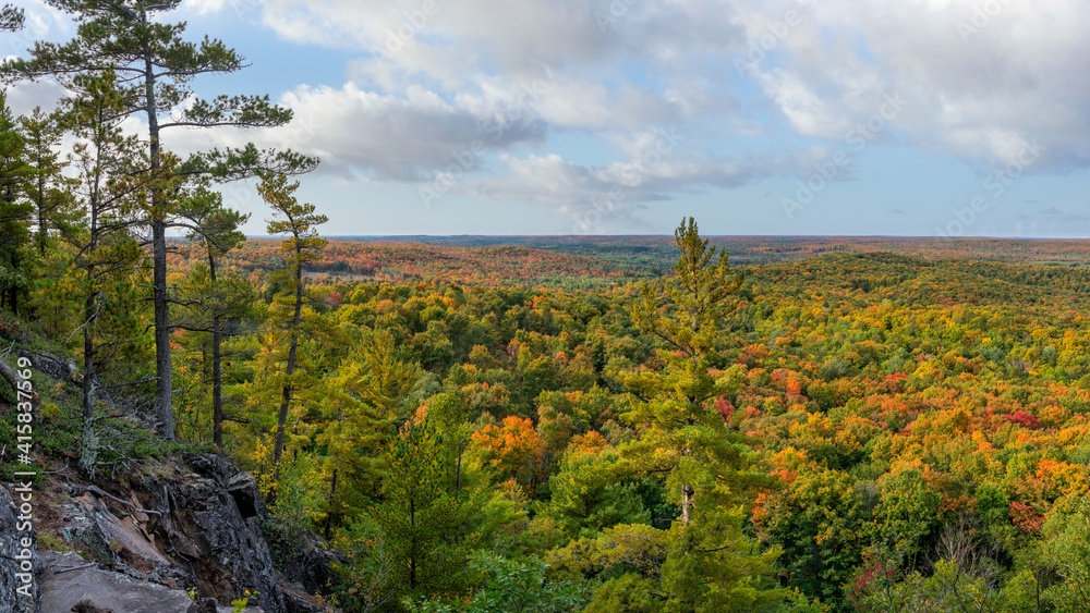 Colorful autumn morning panorama from Wolf Mountain in the Ottawa National forest in the Michigan Upper Peninsula