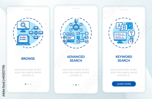 Online library search types onboarding mobile app page screen with concepts. Advanced search walkthrough 3 steps graphic instructions. UI vector template with RGB color illustrations