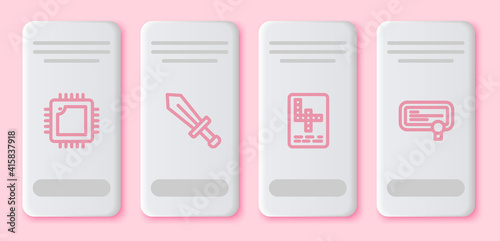 Set line Processor with CPU, Sword for game, Crossword and Certificate template. White rectangle button. Vector.