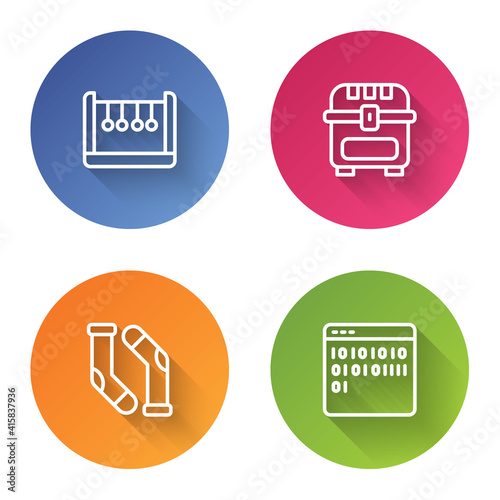 Set line Pendulum, Antique treasure chest, Socks and Binary code. Color circle button. Vector.