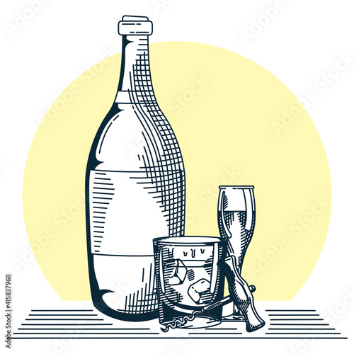 bottle wine and cup with glass hand draw style icon
