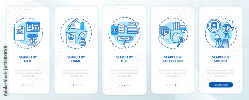 Online library search options onboarding mobile app page screen with concepts. Different types of searching walkthrough 5 steps graphic instructions. UI vector template with RGB color illustrations