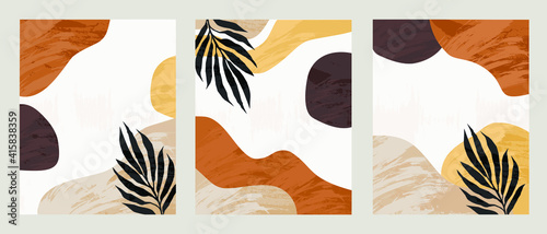 Set of 3 Illustration vector EPS 10 hand drawn print. Painted abstract geometric shapes. Contemporary aesthetic boho mid century modern Scandinavian nordic art design style with botanical garden plant
