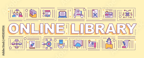 Online library benefits word concepts banner. Digital archive. Modern technologies. Infographics with linear icons on orange background. Isolated typography. Vector outline RGB color illustration