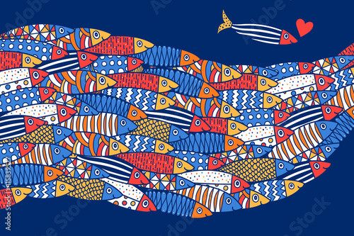 Cute fish. Wave. Vector sea poster.